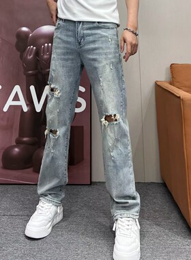 设计款破洞牛仔裤男水洗复古蓝色合身小直筒长裤春夏季新款休闲裤