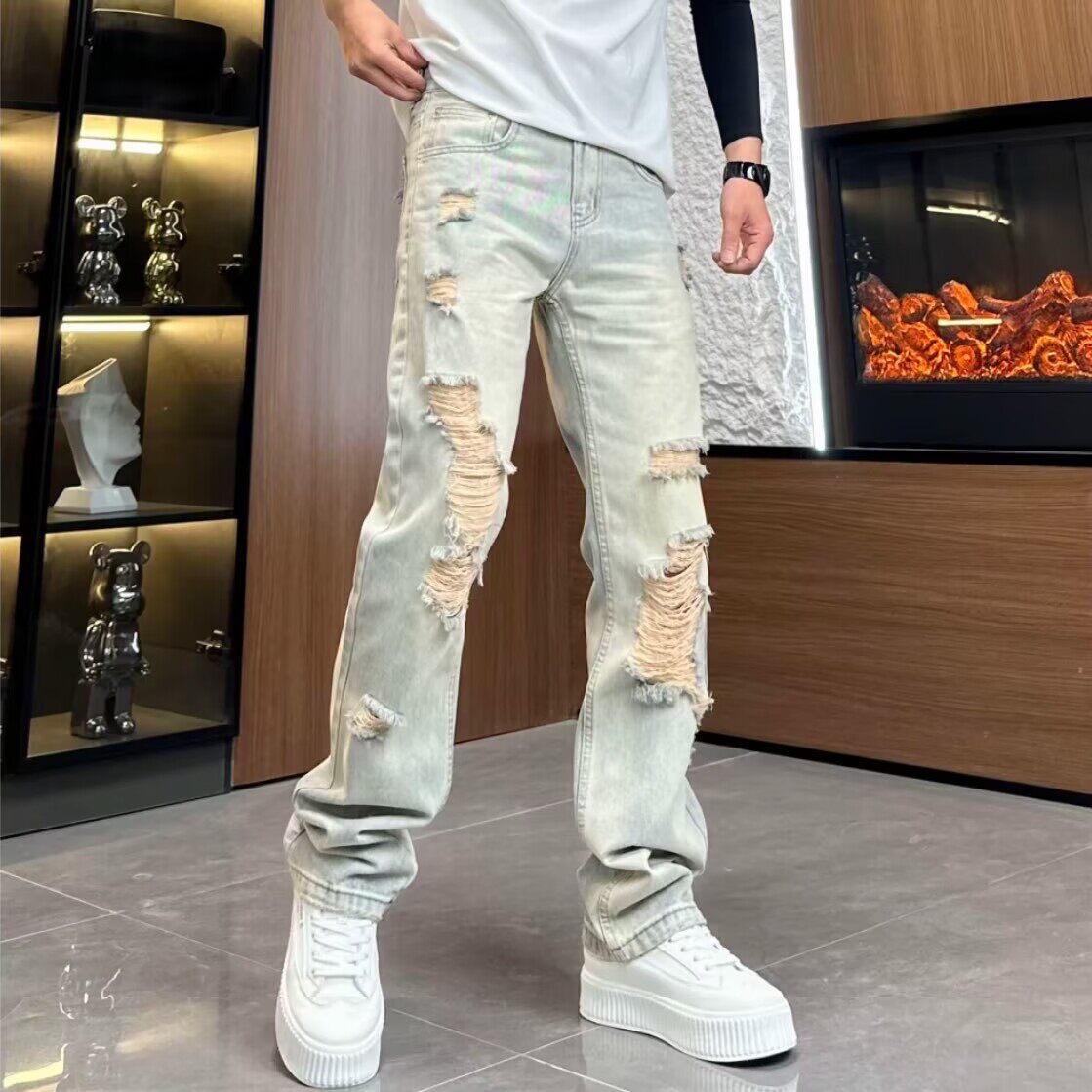 设计款美式破洞牛仔裤男宽松直筒长裤夏季新款时尚刮烂复古休闲裤 - 实物图