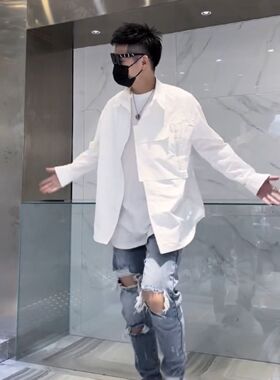 设计感衬衫男士立体大口袋袖口拉链潮流个性时尚小众长袖衬衣外套