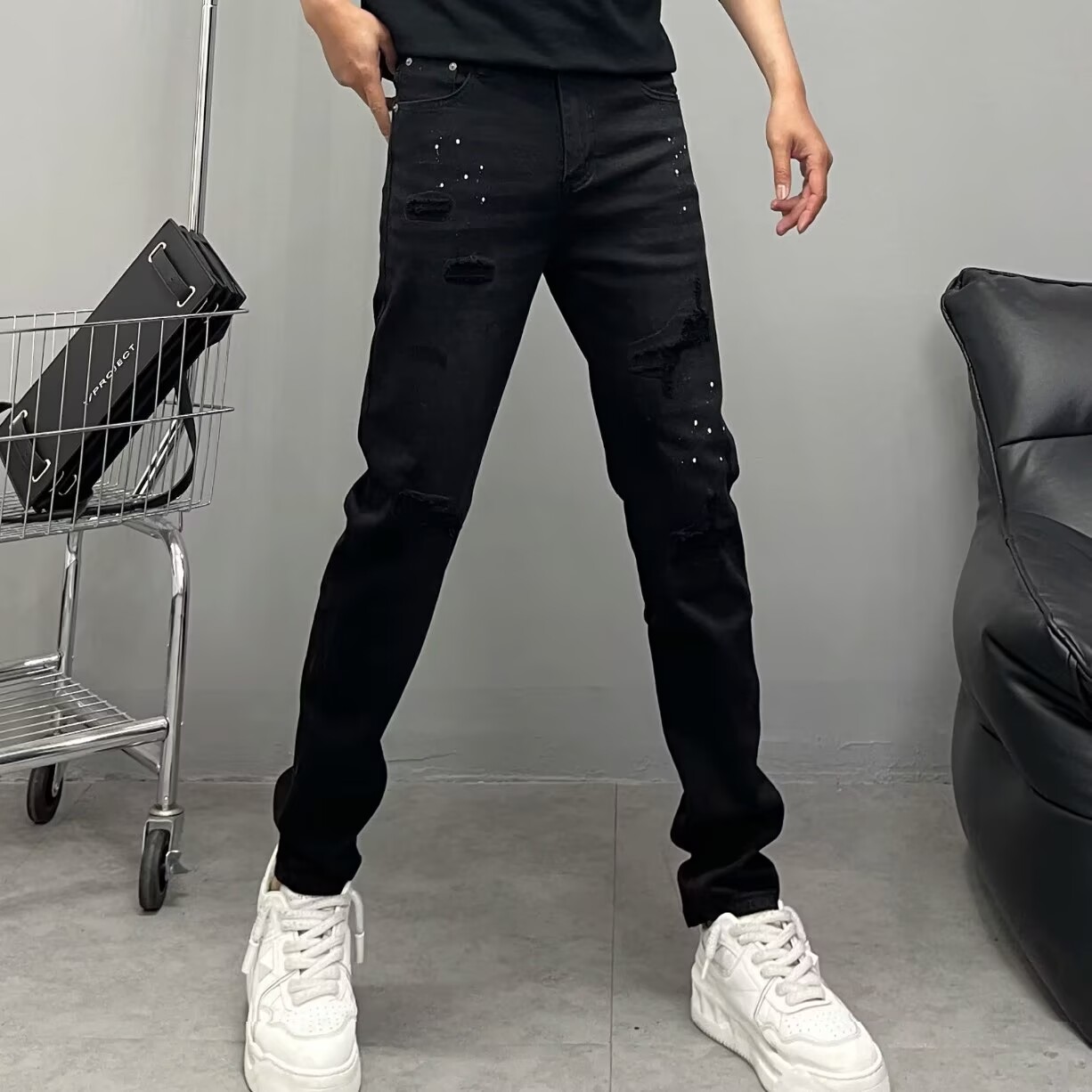 设计款假破洞牛仔裤男修身小脚韩版潮流泼墨刮烂高弹力休闲长裤子