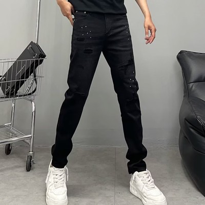 设计款假破洞牛仔裤男修身小脚