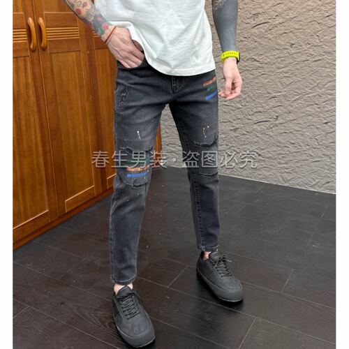 设计款彩色印花牛仔裤男修身小脚