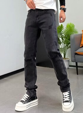 黑灰色牛仔裤男修身小直筒秋冬季新款时尚假破洞刮烂弹力休闲长裤