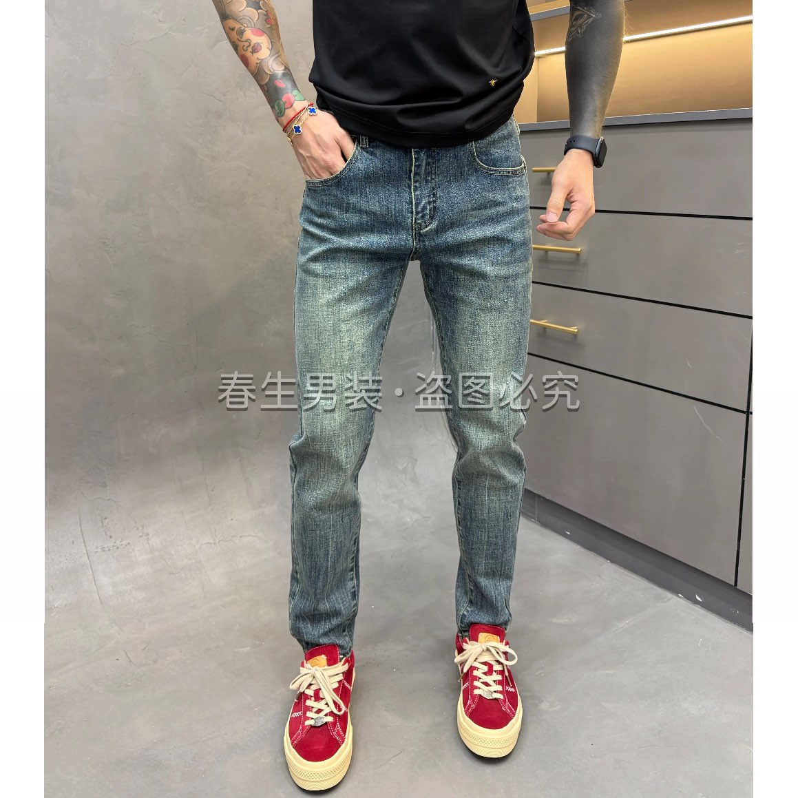 高端复古蓝色牛仔裤男修身小直筒