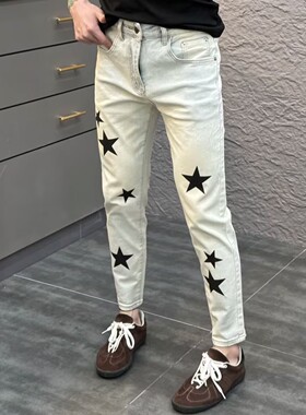 设计款五星印花牛仔裤男浅蓝色2025春夏季新款时尚修身小脚九分裤