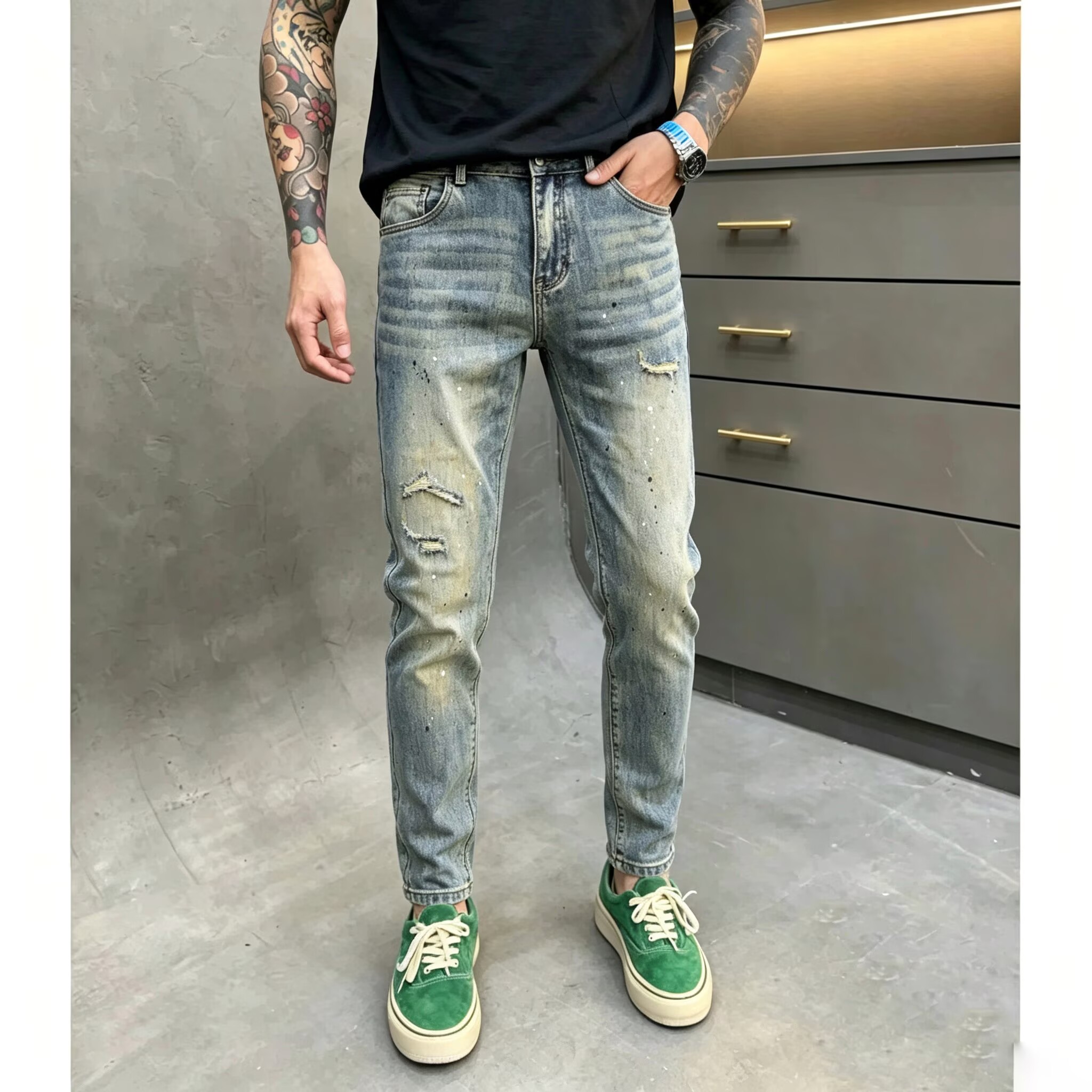 设计款刮烂牛仔裤男修身小脚长裤2026秋季新款做旧复古泼墨休闲裤