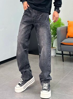 高街美式满天星烫钻牛仔裤男黑灰色秋冬季新款复古宽松直筒长裤潮