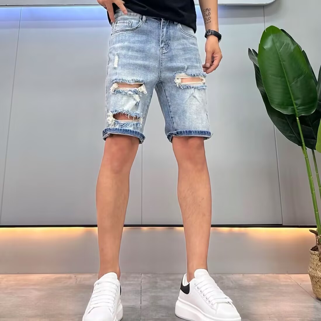 设计款破洞牛仔短裤男修身2025夏季新款韩版复古刮烂休闲五分裤潮