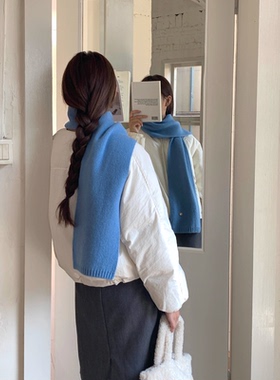 定制款~蓝色纯羊毛围巾女秋冬韩系氛围感防寒保暖针织围脖披肩ins