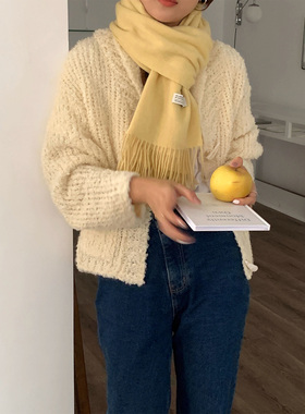 定制款~韩国东大门纯羊毛流苏围巾女秋冬高级感淡黄色围脖披肩ins