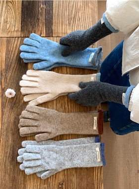 定制款~东北羊毛漂亮蓝色手套女可触屏防寒针织毛线长款保暖手套