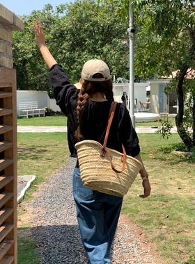 摩洛哥进口手工草编包女海边斜挎草包手提编织包法式沙滩度假包包
