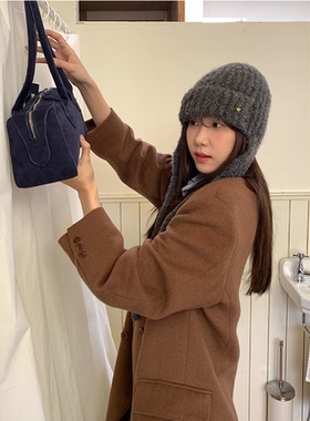 出口韩国~灰色巴拉克拉法帽女秋冬保暖冷帽针织毛线护耳飞行帽子