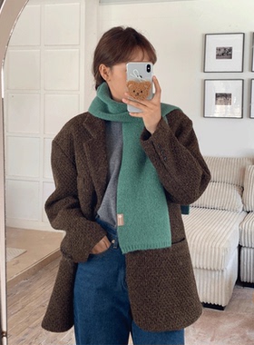 出口韩国~韩系氛围感羊毛围巾女冬复古绿色防风保暖围脖针织护颈