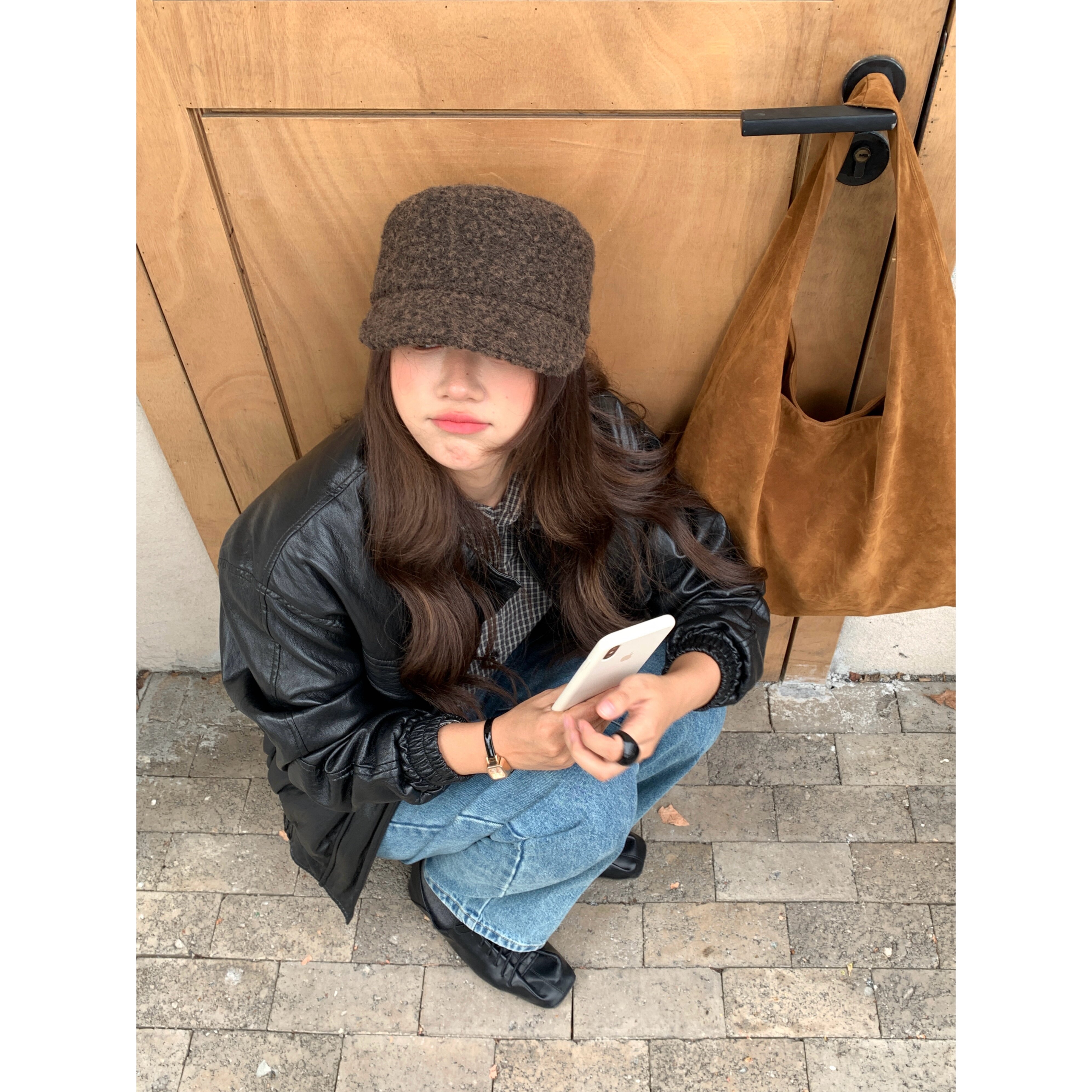 芝士商店~咖色毛呢报童帽女2025新款冬季平顶帽子韩系复古马术帽