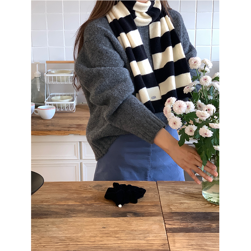 芝士商店~韩国黑白条纹围巾女秋冬加厚保暖拼色骑行围脖百搭护颈
