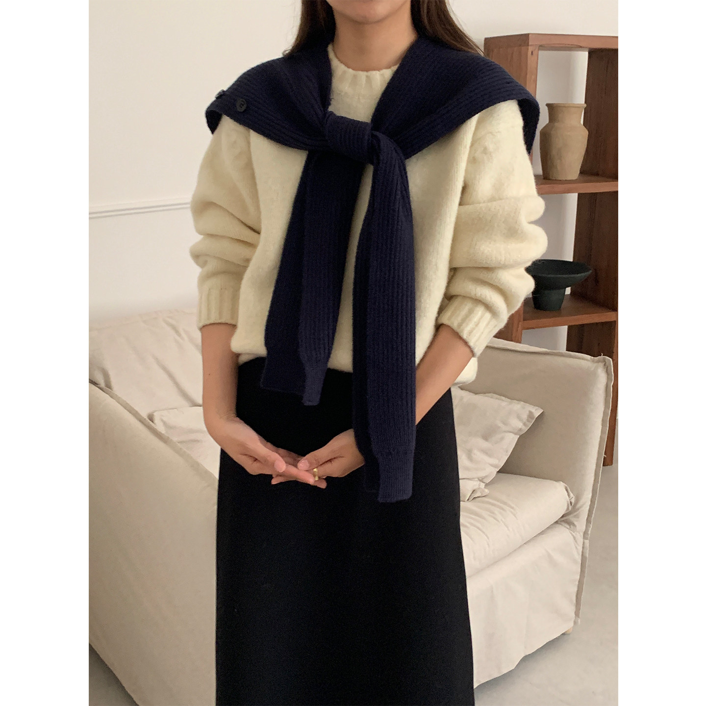 芝士商店~针织毛衣披肩女外搭小坎肩韩系藏青色脖套保暖围巾围脖