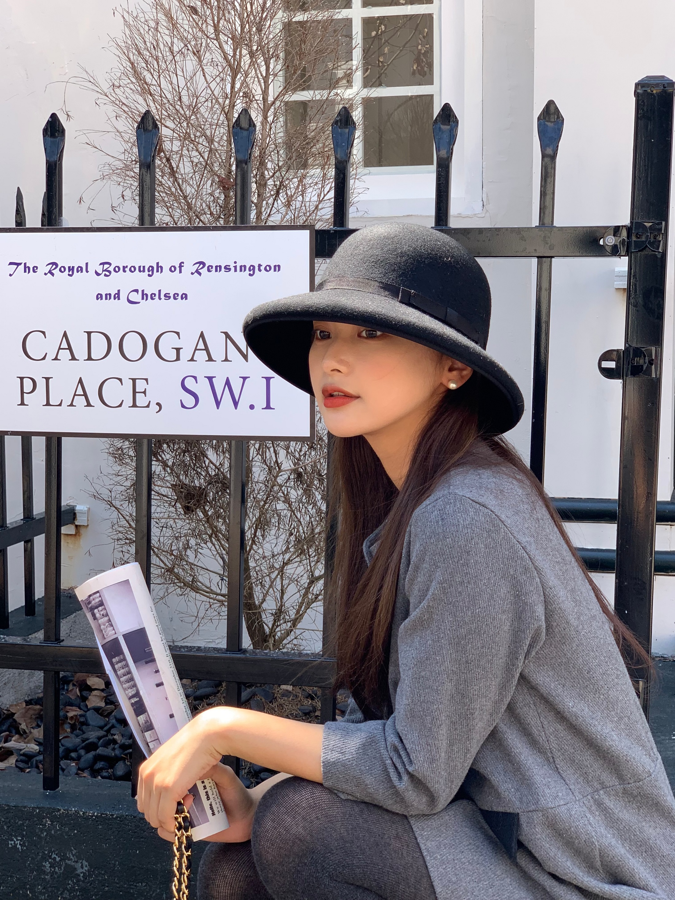 芝士商店~100羊毛蝴蝶结大檐礼帽