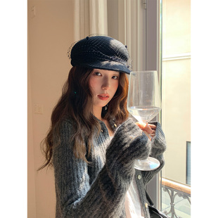 定制款~法式气质千金风礼帽女2026冬高级感网纱帽子纯羊毛报童帽