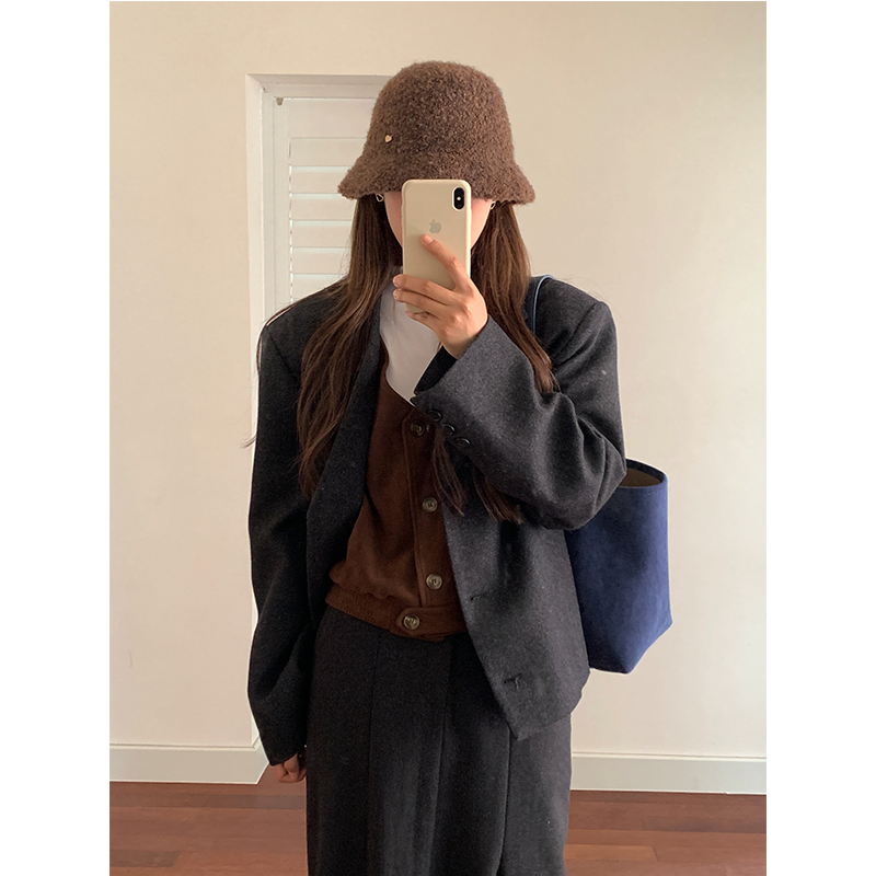 定制款~韩国棕色毛绒渔夫帽女秋冬显脸小帽子水桶帽羊毛针织盆帽