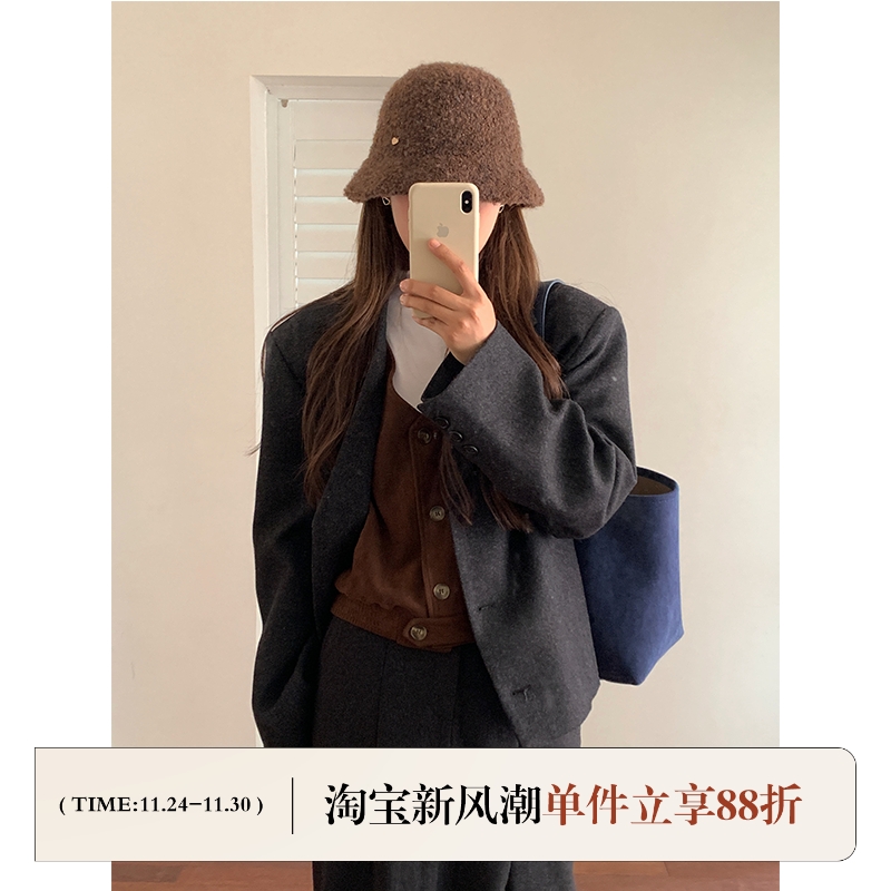 定制款~韩国棕色毛绒渔夫帽女秋冬显脸小帽子水桶帽羊毛针织盆帽