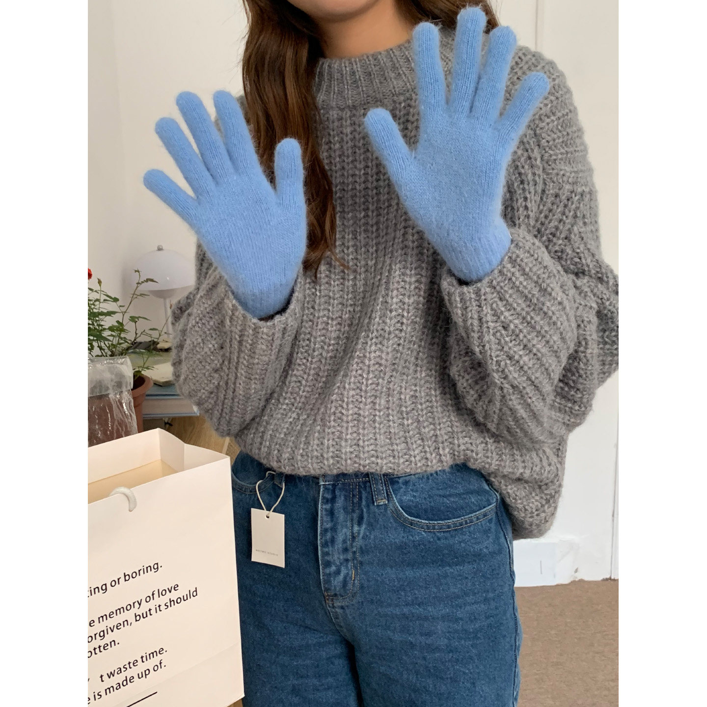 芝士商店~韩系蓝色五指兔毛手套女毛绒针织防寒保暖骑行分指手套