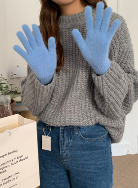 芝士商店~韩系蓝色五指兔毛手套女秋冬毛绒针织保暖骑行分指手套