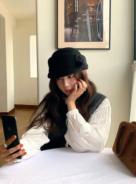 芝士商店~黑色纯羊毛礼帽女2025新款冬季优雅千金风复古报童帽子