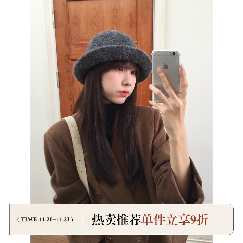 芝士商店~羊毛卷边渔夫帽女秋冬休闲帽子显脸小盆帽灰色千金礼帽