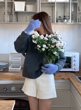 定制款~韩系可爱兔毛手套女冬季蓝色针织毛绒保暖五指加绒手套ins