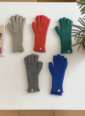 芝士商店~韩国长款毛线手套女秋冬宝蓝色五指可触屏针织保暖手套