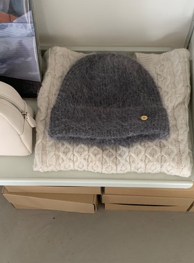 定制款~灰色兔毛针织毛线帽女冬季显脸小帽子韩国保暖堆堆帽冷帽