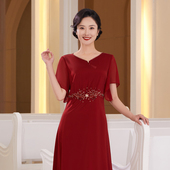 2025新款 妈妈六月婚宴装 礼服夏高端敬酒红色显瘦年轻喜婆婆婚宴装