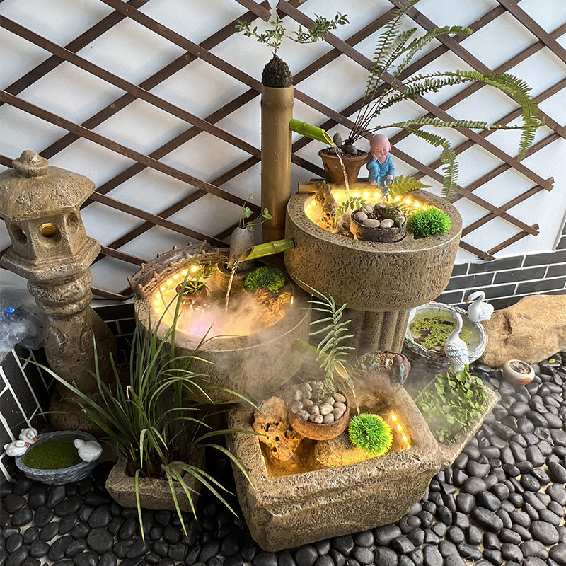 假山流水摆件日式花园石磨养鱼池装饰中式别墅庭院子造景观阳台