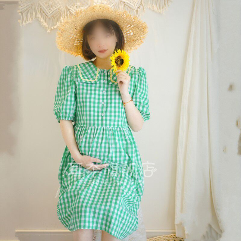 孕妇拍照服装可爱清新绿色格格连衣裙影楼孕妈咪艺术照写真摄影服