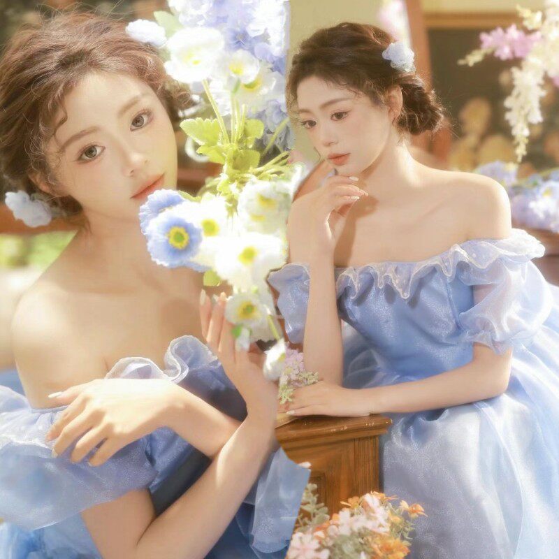 影楼复古婚纱主题新款蓝色写真摄影服装夏季少女艺术照法式礼服