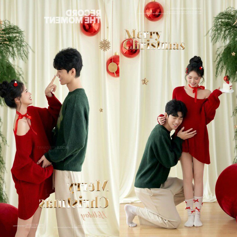 孕妇拍照服装圣诞主题红色毛衣