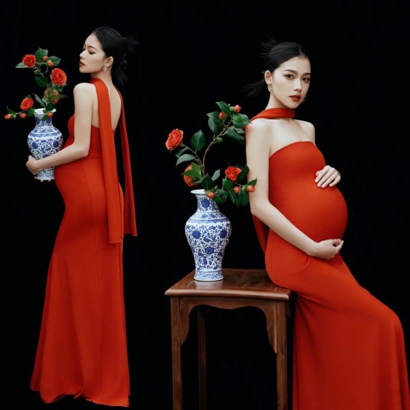 孕妇拍照新款中国红抹胸裙