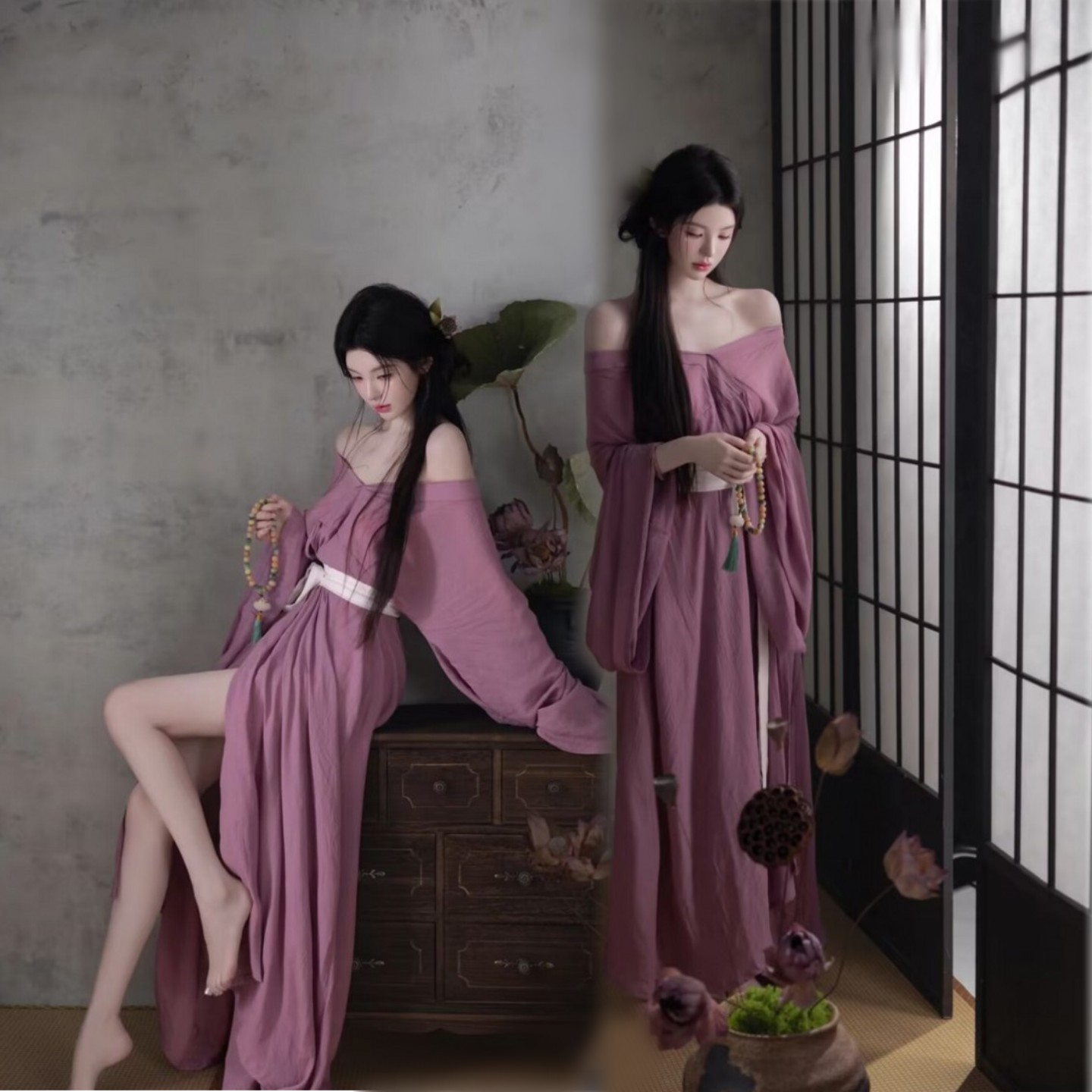 影楼新款复古中式清冷紫色连衣裙
