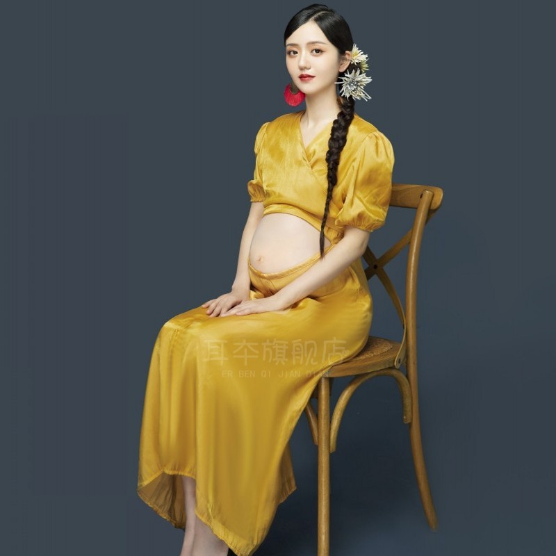 新款影楼孕妇拍照衣服黄色连衣裙