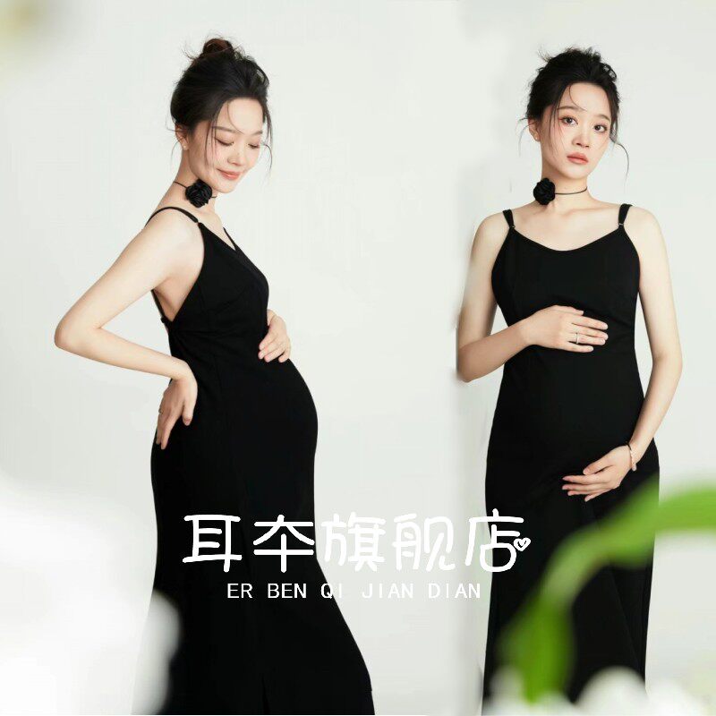孕妇拍照露背黑色吊带连衣裙