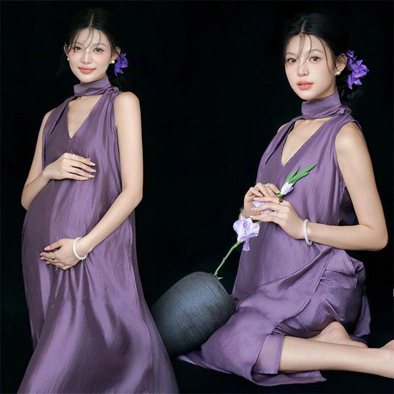 紫色连衣裙孕妈咪大肚照写真