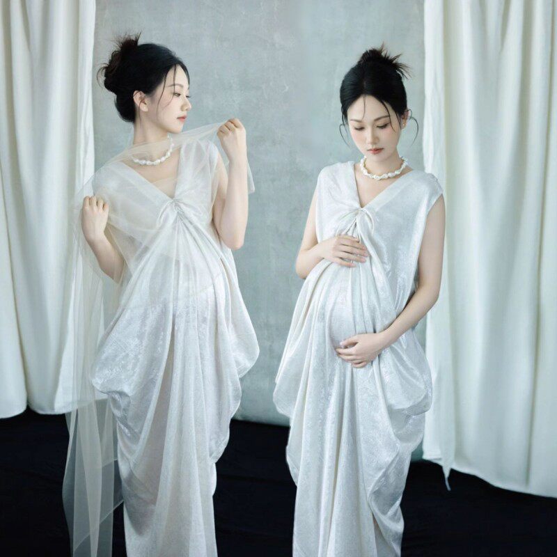 新款孕妇照服装新款唯美时尚孕妈咪纯欲风白色高级感大肚照连衣裙