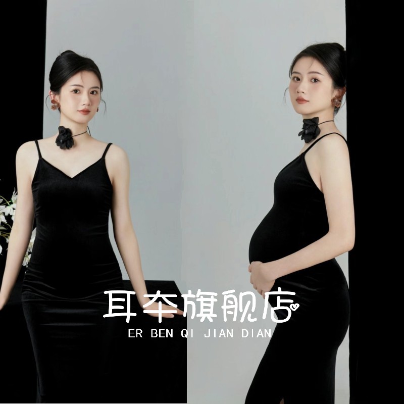 孕妇拍照服装黑色丝绒吊带连衣裙