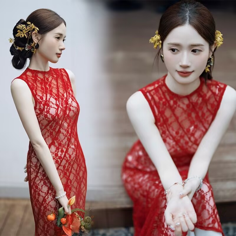 影楼新款红色蕾丝无袖新娘礼服