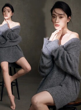 影楼新款拍照主题韩系高级感少女灰色毛衣肖像慵懒感写真摄影服装