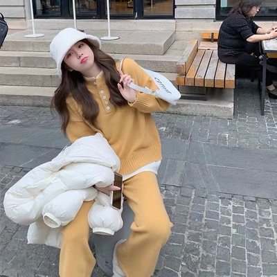 美美的夏夏 慵懒风休闲时尚内搭针织上衣套装阔腿裤两件套女秋冬