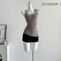 SOLOTARIO新款手工带钻破坏毛边冰丝背心女夏季百搭显瘦无袖上衣