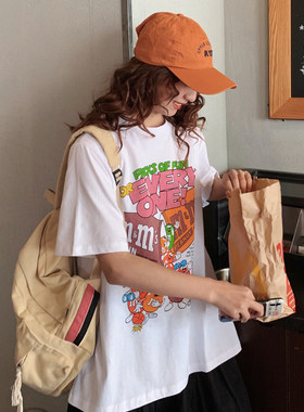 网红超火短袖t恤女2021夏宽松韩版bf原宿慵懒风百搭卡通ins上衣服