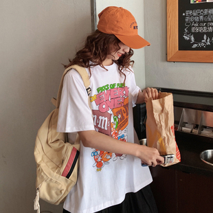 网红超火短袖t恤女2021夏宽松韩版bf原宿慵懒风百搭卡通ins上衣服